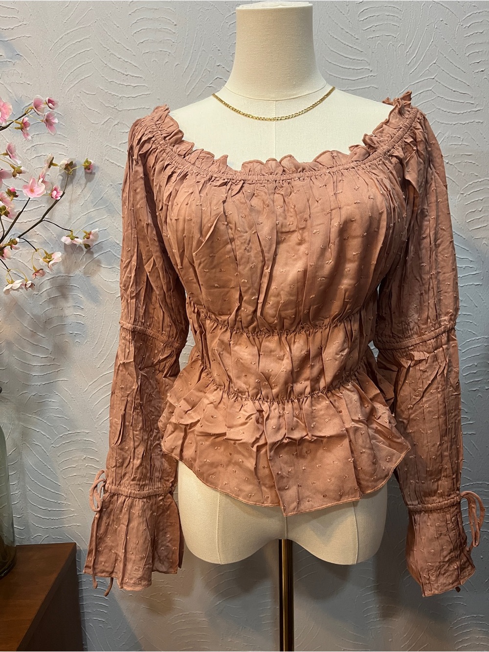 Easel Boho Smocked Ruffle Peasant Top NWT - Dusty Rose